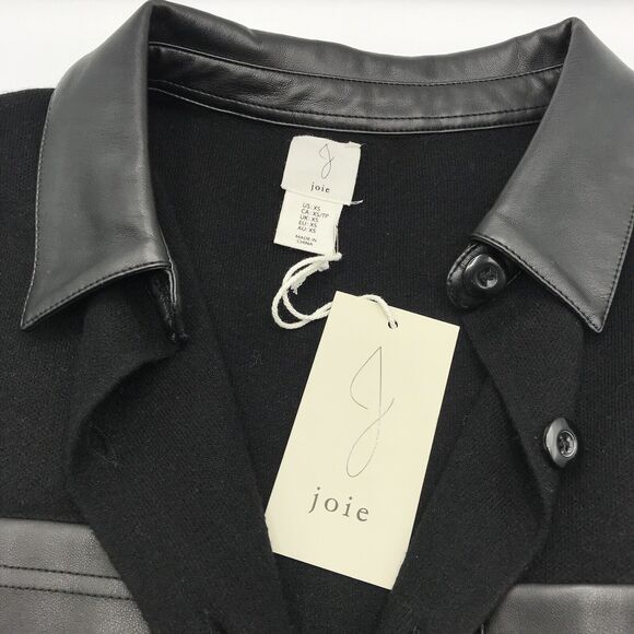 Joie Button-Up Collared Jacket Black Faux Leather Accents Classic Womens Size XS - Picture 6 of 7